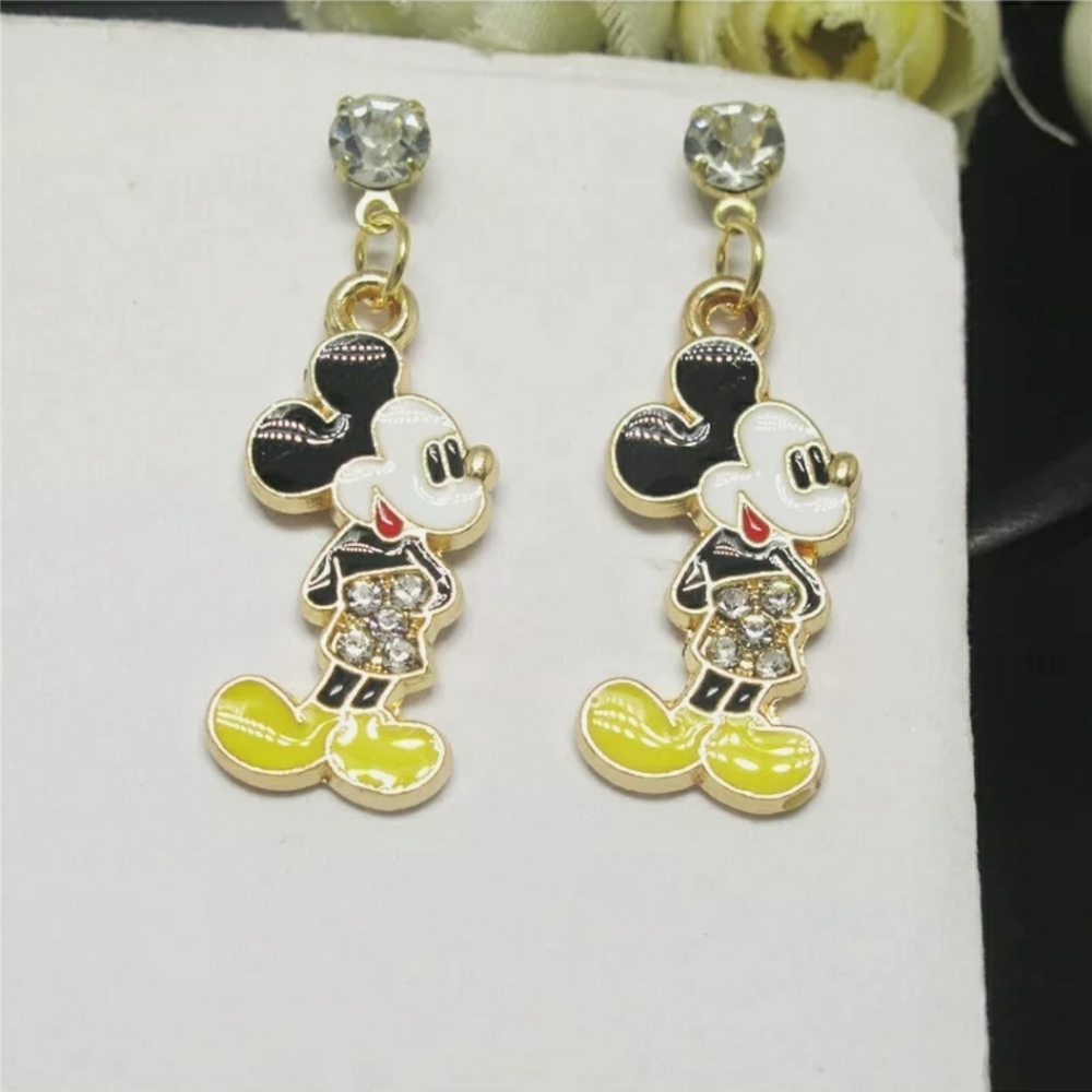 Adorable Gold Crystal Mickey Mouse Earrings With Silver Posts For Sensitive Ears